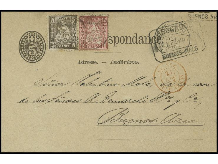 5 C. braun und 10 C. rot als Zufrankatur auf Ganzsachenkarte 5 C. braun von "BELLINZONA 21.XII.78" nach Buenos Aires mit  vor