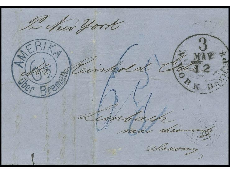 1860, "AMERICA über Bremen 6½", blauer Doppelkreisstempel klar auf Brief von New York nach Limbach mit vorderseitig notierter
