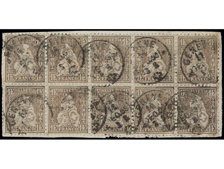 1 F. goldbronze, rotbrauner Unterdruck, waagerechter 10er-Block mit Stempeln "GENEVE 14 DC. .." auf Leinenbriefstück, 3 Werte