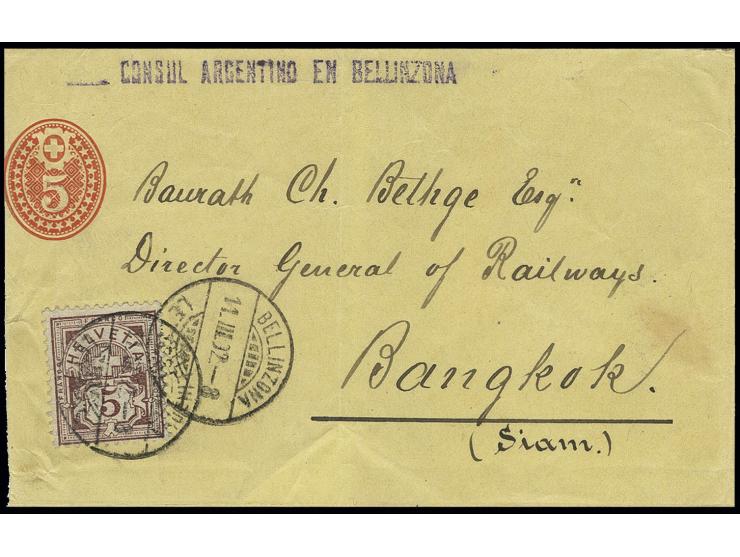 1882/99, Ziffer 5 C. bräunlichlila auf Streifband 5 C. von "BELLINZONA 11.III.92" nach Bangkok