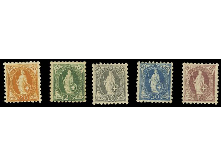 1882, Stehende Helvetia, gezähnt 9 3/4:9 1/4:20 C.-1 Fr., 5 Werte kpl., ungebraucht, 20 C. mit Teilgummi, 50 C. kurzer Zahn l