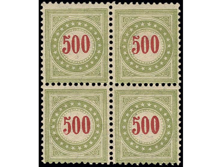 PORTOMARKEN: 1892/93, 18. Auflage 500 C. im 4er-Block, dabei die untere linke Marke mit normal stehendem Rahmen, die übrigen 