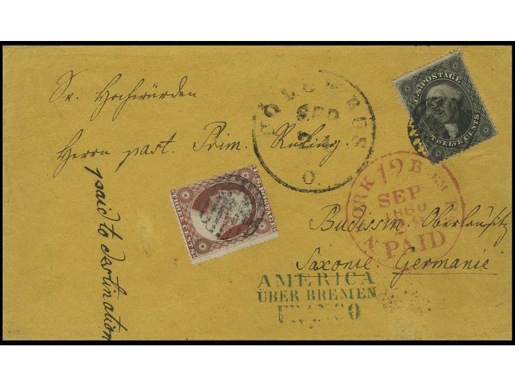 1860, Briefkuvert aus Columbus, Ohio, frankiert mit 1857/61, 12 C. schwarz und 3 C. bräunlichkarmin in die Oberlausitz mit sa