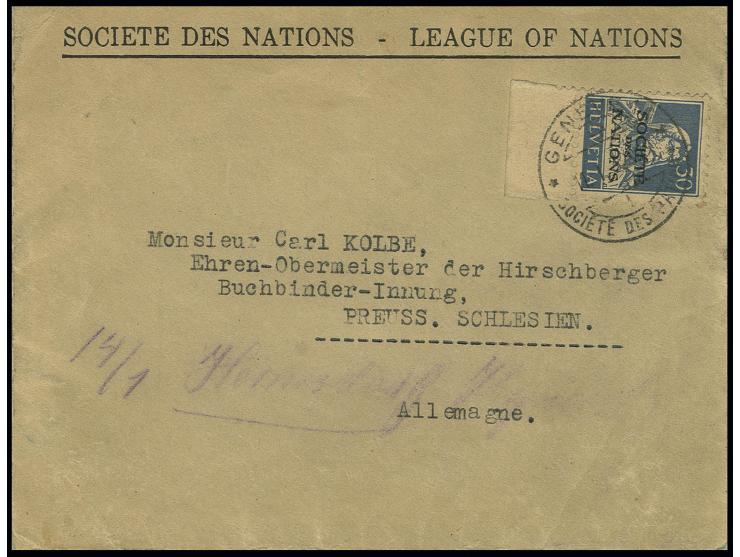 SCHWEIZER ÄMTER: SDN: 1924/37, 30 C. auf Papier mit geriffeltem Gummi, Unterrandstück mit Stempel "GENEVE SOCIETE DES NATIONS