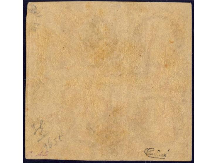 1 fr. carmin, bloc de quatre du bord du feuille avec ligne d'encadrement à droite; très bien margé et frais de couleur, neuf 