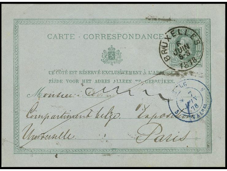 1878,  "EXPOSITION UNIVERSELLE POSTE ET TELEGRAPHE 7.JUIN", cachet d'arrivée au verso d'une carte de Belgique 10 c. adressée 