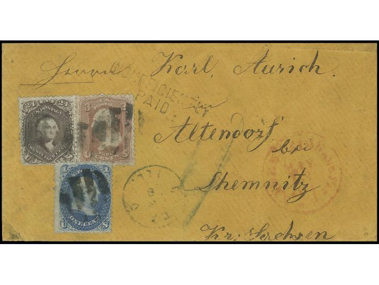 1865, als einfacher Brief über die 'Prussian Closed Mail' frankiertes Kuvert mit 1861, 1 C. blau, 3 C. rosa und 24 C. braunli