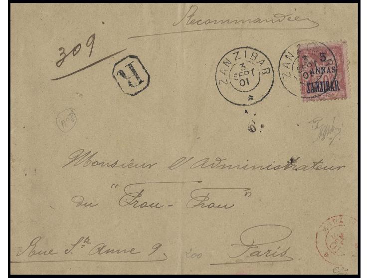 1897, 5 ANNAS sur 50 C sur lettre recommandée de "ZANZIBAR 3 SEPT.01" pour Paris avec cachet de transit et d'arrivée, ouverte
