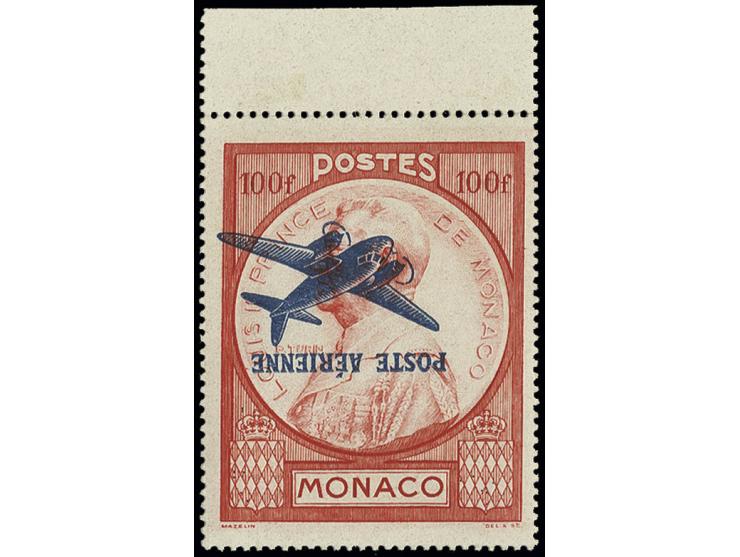 1946, poste aérienne 100 Fr. avec surcharge renversé, bord de feuille, neuf, gomme d'origine pratiquement intacte, superbe et
