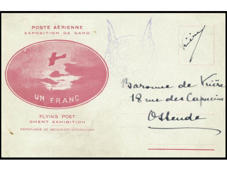 MISCELLANEOUS ITEMS: 1913, special card "Poste Aérienne Exposition de Gand - Un Franc", used with text (also regarding the ex