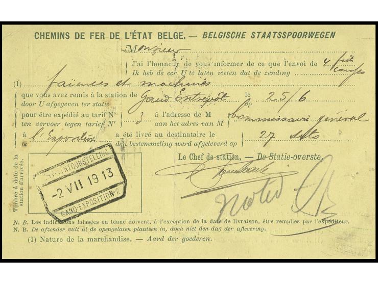 1913, "GENT-TENTOONSTELLING 2.VII.1913 GAND-EXPOSITION 2", boxed railway cancel on reverse of "Avis de Reception" 10 c. to th