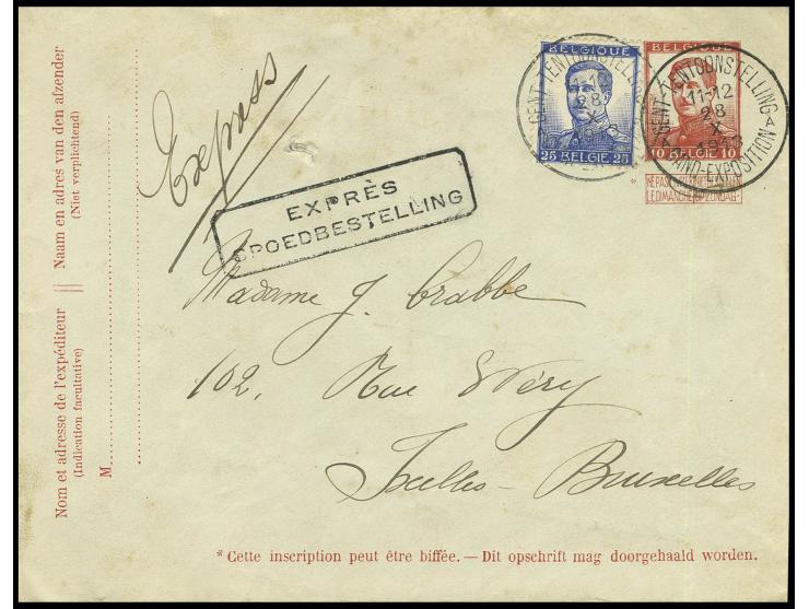 1913, 25c. on envelope 10 c. with 2 clear strikes "GENT-TENTOONSTELLING GAND EXPOSITION 28.10." as express cover to Bruxelles