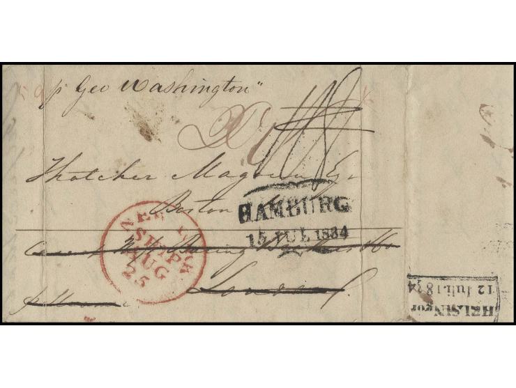 "Helsingör 12.Juli.1834", square cancel reverse on entire folded cover via Hamburg to London and forwarded to Boston with "NE