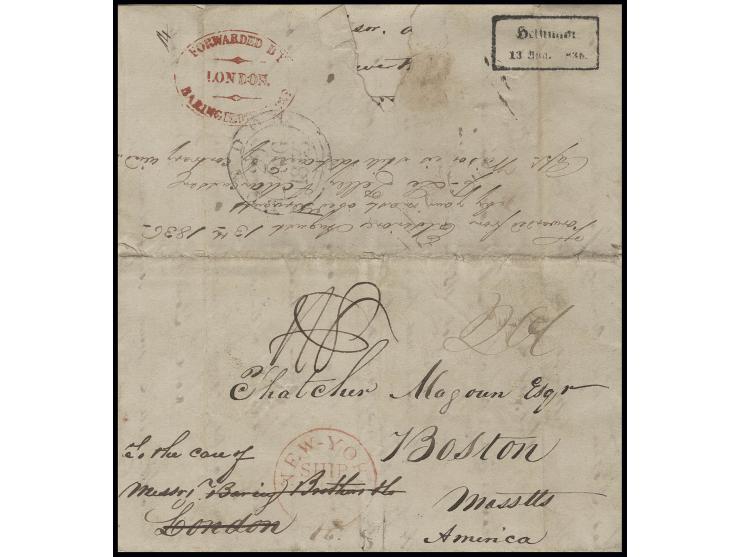"Helsingor 13.Aug.1835", square cancel and oval "FORWARDED BY BARING BROTHERS & Co. LONDON" in red on reverse of entire folde