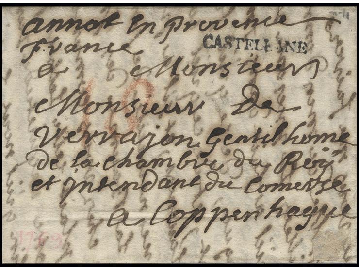 1769, "CASTELLANE" straight line in black on entire folded cover with tax "10" to Copenhagen