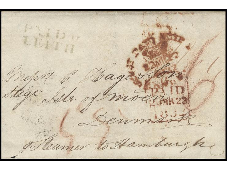 1832, "PAID IN LEITH", double line on entire folded cover via London with red shipp letter cancel and Hamburg to Stege