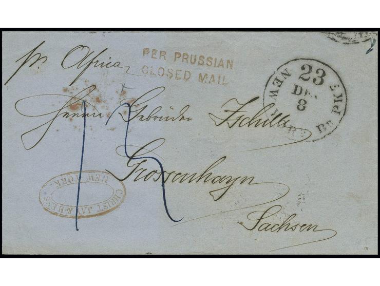 ÜBER PRUSSIAN CLOSED MAIL: 1858, "PER PRUSSIAN CLOSED MAIL", roter Zweizeiler auf Briefhülle mit Aufgabestempel "NEW YORK BR.