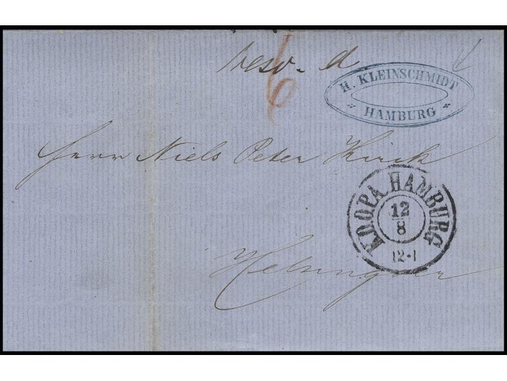 1859, "H.Kleinschmidt/Hamburg", blue forwarder cancel on entire folded cover from Newcastel (dated 8.7.) with "K.D.O.PA. HAMB