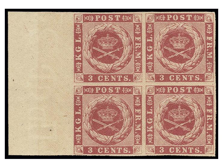 DANISH-WESTINDIA: 1866, 3 c. carmine, block of 4 with good margins and 18 mm sheet margin at left, unhinged mint, very fine, 