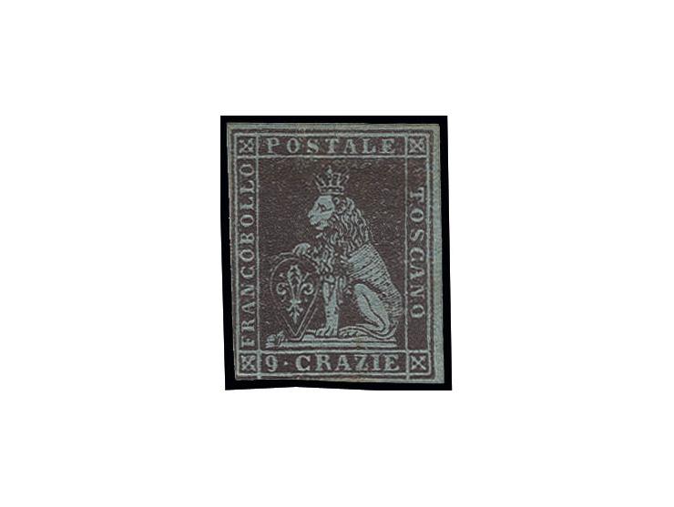 TUSCANY: 1851, blue paper:  9 cr. dark purple, good margins on two sides, touched at bottom and left, unused without gum, cer