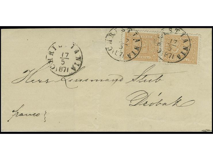 1867/68, 2 sk. orange, vertical pair, tied by cds. "CHRISTIANIA 17/5 1871" to small folded cover to Drobak, fine, certificate