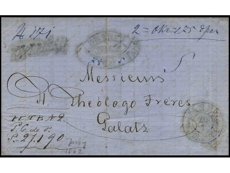 1862, "FRANCO JASSY 78 Lei 5 Par." on entire letter to Galatz with adjacent "JASSY MOLDOVA 20/1" and "REECEPISSE", folded and