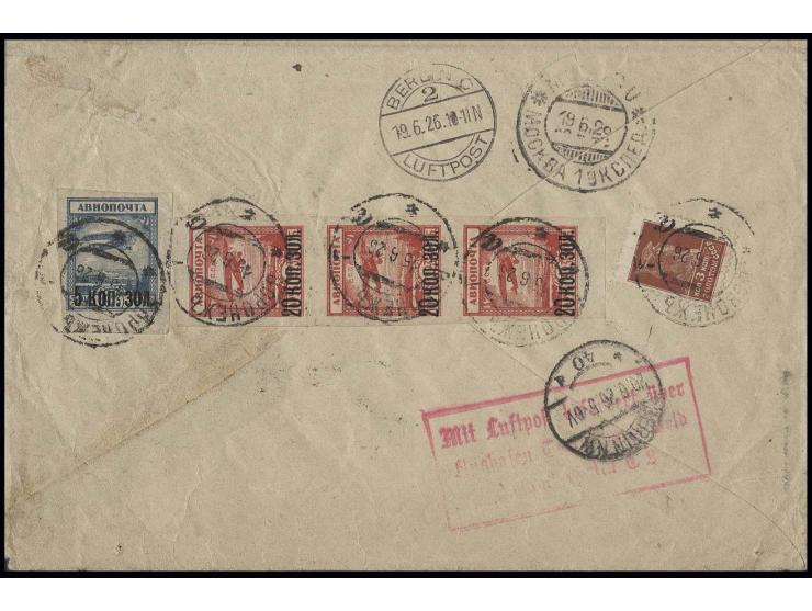 1924, Airmail 5 k. on 3 r. blue and 20 k. on 10 r. as vertical strip of three with additional franking tied by cds. "WORONESC
