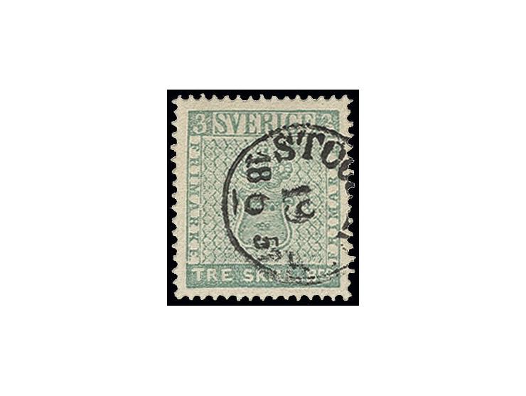 1855, TRE SKILL. Bco. light bluish-green, extremely well centered, fresh colour and perfect perforation, cancelled by almost 