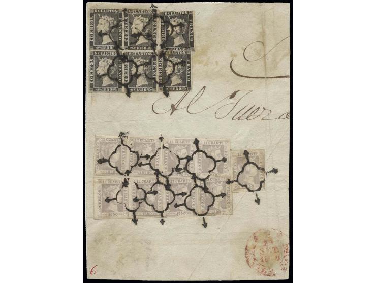 6 c., plate 2, block of 4 and 2 single stamps with 12 c. lilac, 3 vertical pairs and 3 singles, tied by black spider cancel t