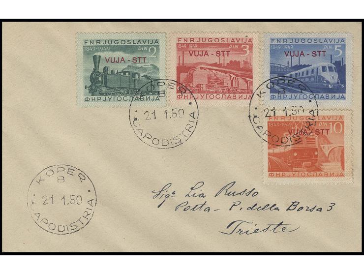 1950, 100 years railway 2 -10 din. complete with first day cancellation on cover to Triest with arrival mark