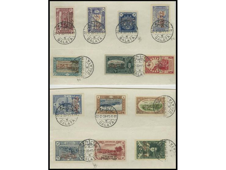 1919, armistice issue 20 pa.-25 pia. cpl., tied by Galata date stamp to 2 part sheets, sign. Holcombe with opinion (Scott-no.