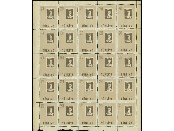 1957, Osman Hamdi Bey 20 k. with varity "black colour missing", sheet with 25 stamps, 14 items unhinged mint, 11 unused or wi