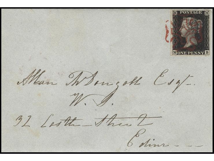 1840, 1 d. deep black, plate 1B, NB, large margins, tied by clear red MC to small folded cover from "STRANRAER AU 3 1840" to 