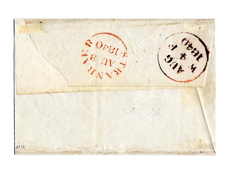 1840, 1 d. deep black, plate 1B, NB, large margins, tied by clear red MC to small folded cover from "STRANRAER AU 3 1840" to 