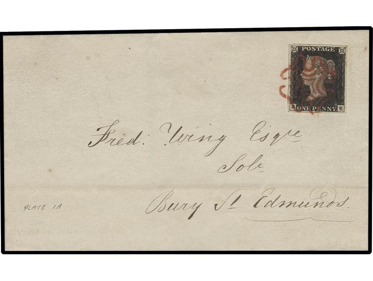 1 d. black, plate 1 a, RE, good margins, tied by clear red MC to folded cover from "NORWICH 13.5.", straight line "Late" on r