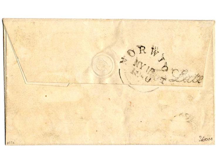 1 d. black, plate 1 a, RE, good margins, tied by clear red MC to folded cover from "NORWICH 13.5.", straight line "Late" on r