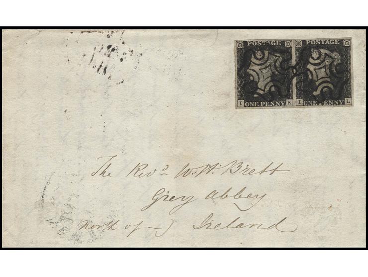 1 d. black, plate 2, horizontal pair IK-IL, good to wide margins, used with 2 clear strikes of black MC to small letter from 
