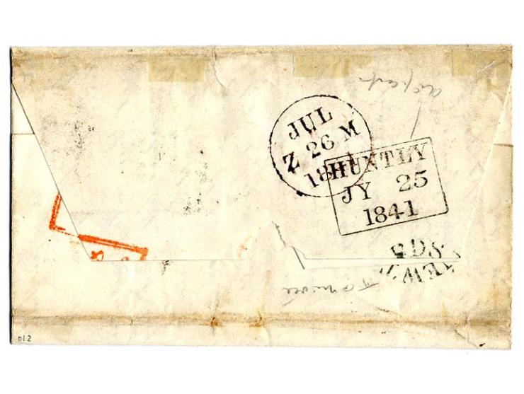 1 d. black, plate 2, horizontal pair IK-IL, good to wide margins, used with 2 clear strikes of black MC to small letter from 