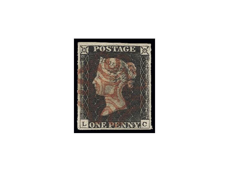 1 d. black, plate 4, LC, large margins all around, cancelled by central and clear red double lined MC (most likely of Stoneha