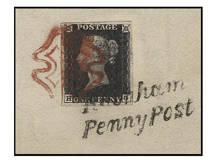1 d. black, plate 4, HG, large to very large margins, tied by red MC and double line "Rainham/Penny Post" to piece, superb, s
