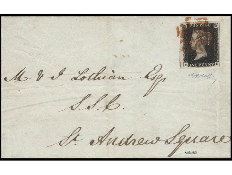 1 d. black, plate 6, BD, good to large margins and part of adjoining stamp at left, tied by clear red MC to folded cover, min