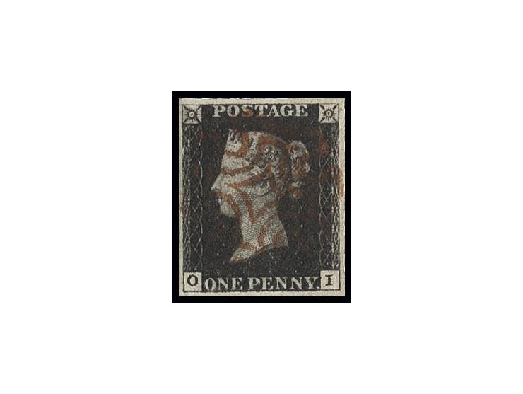 1 d. black in very deep shade, plate 8, OI, large margins and central clear brownish-red MC; superb, certificate Louis BPP