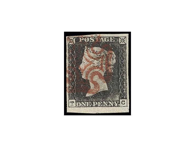 1 d. grey-black, plate 1A, TC, large to enormous margins with small lower sheet margin, used by clear red MC, very fine, cert