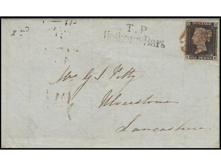 1 d. grey-black, plate 1A, SE, large margins, tied by clear red MC to entire letter with adjacent "T.B. Holborn Bars" to Lanc