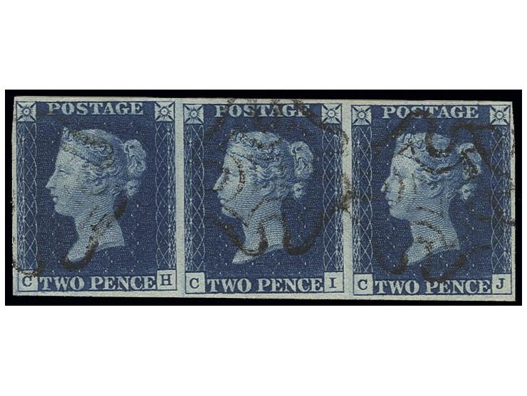 2 d. deep-blue, plate 2, horizontal strip of 2 CH-CJ, good to wide margins and light-black MC; beautiful deep colour, a super