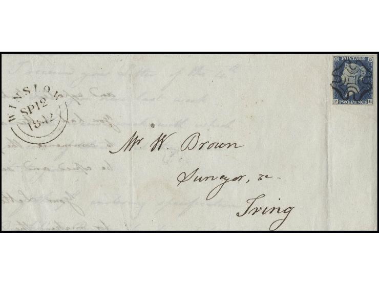 2 d. blue, plate 1, FH, good to mostly large margins and fresh colour, tied by crisp central black MC to folded letter from "
