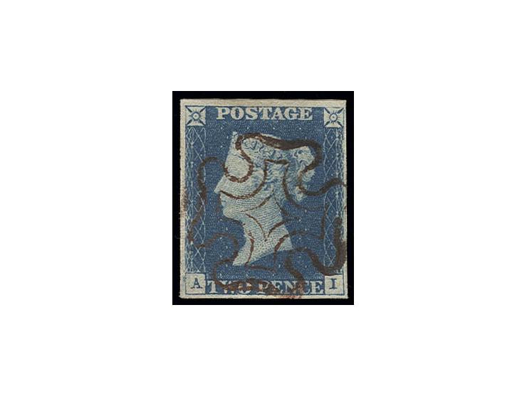 2 d. pale-blue, plate 1, AI, good to wide margins and fresh colour, showing central clear strike of maroon MC, very fine and 