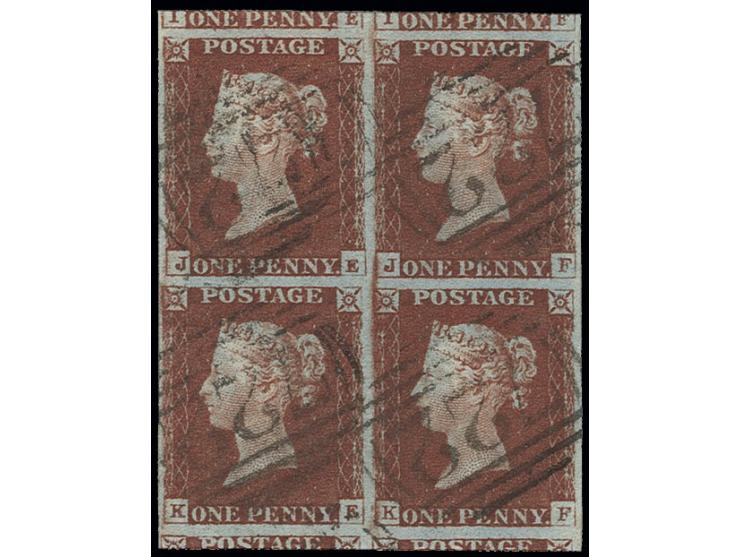 1 d. red-brown, plate 58, block of 4, JE/KF, wide to enormous margins with parts of neighbours at top and bottom, lightly can