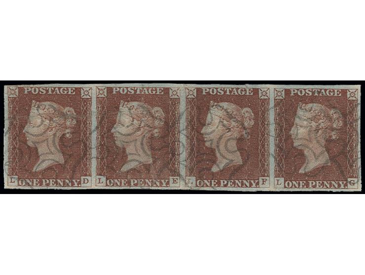 1 d. red-brown, horizontal strip of 4, large margins, clear light-black MC in Scottish type, very fine
