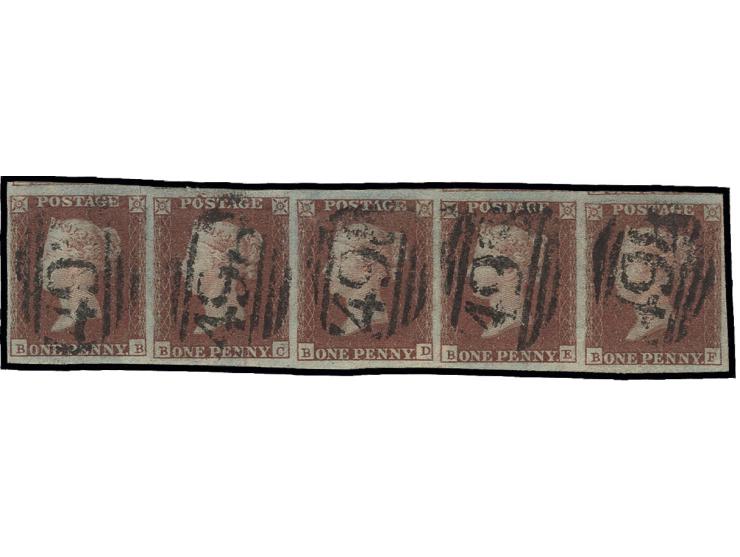 1 d. red-brown, plate 4, horizontal strip of 5, "BB"-BF", good to mostly very wide margins with parts of 3 adjoining stamps a